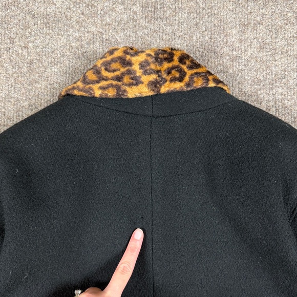 Vintage Black Open Front Wool Coat Leopard Fur Trim Women’s XL Mid Length Retro - Picture 15 of 16
